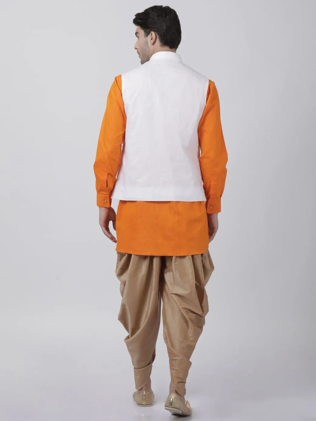 VASTRAMAY Men's Orange Cotton Blend Kurta, White Ethnic Jacket and Dhoti Pant Set