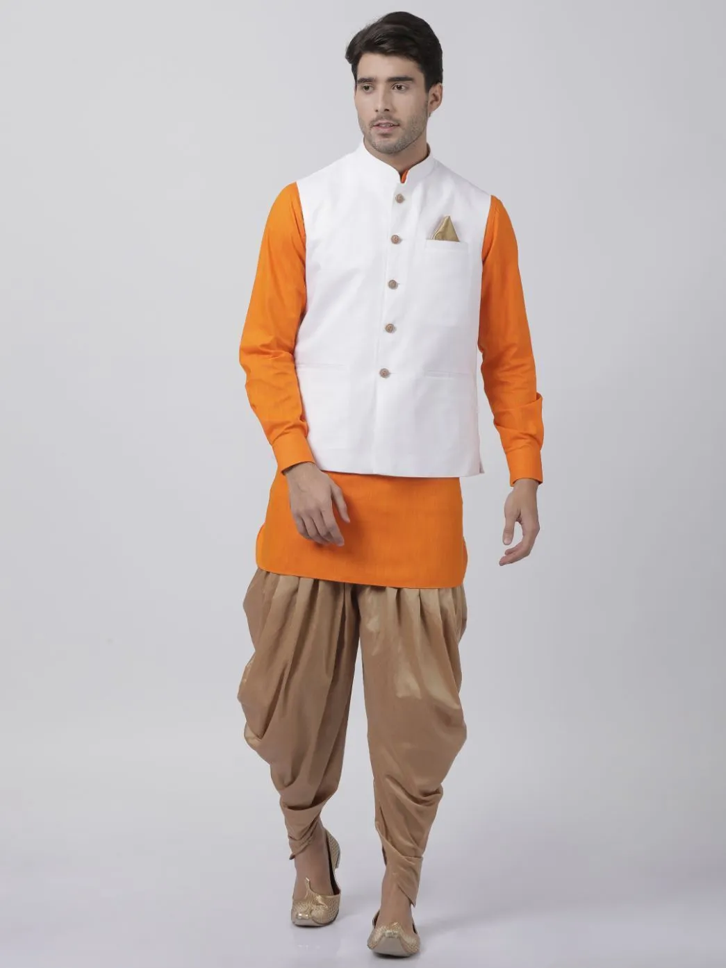 VASTRAMAY Men's Orange Cotton Blend Kurta, White Ethnic Jacket and Dhoti Pant Set