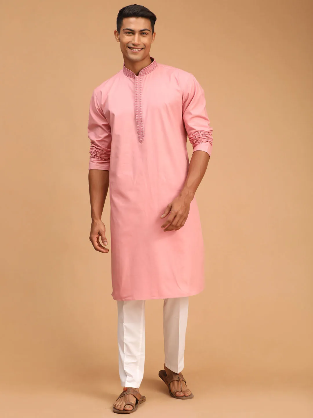 VASTRAMAY Men's Pink Kurta and Pant Style Cotton  Pyjama Set