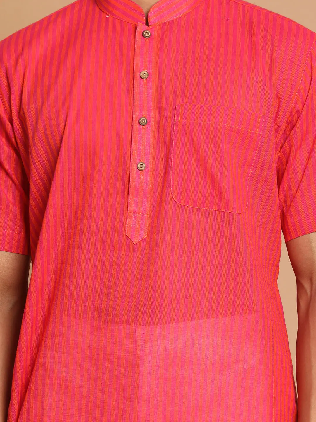 VASTRAMAY Men's Pink Striped Kurta with White Pant style Cotton Pyjama Set