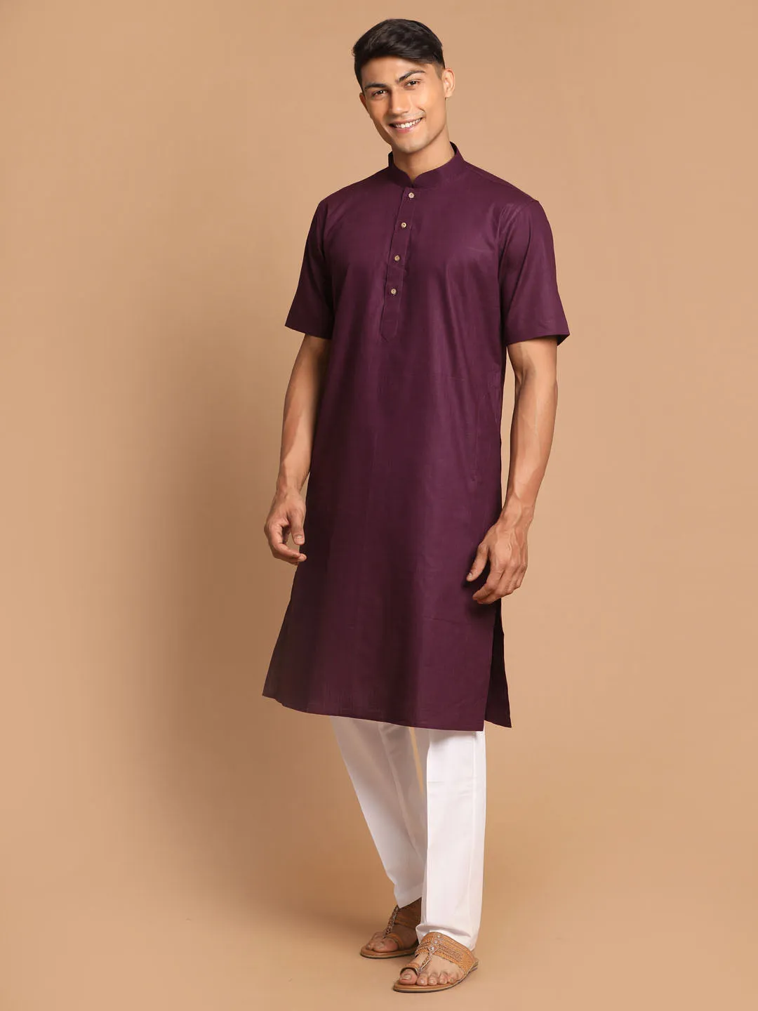 VASTRAMAY Men's Purple Solid Kurta with White Pant style Cotton Pyjama Set