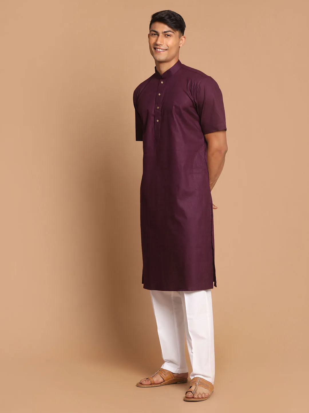 VASTRAMAY Men's Purple Solid Kurta with White Pant style Cotton Pyjama Set