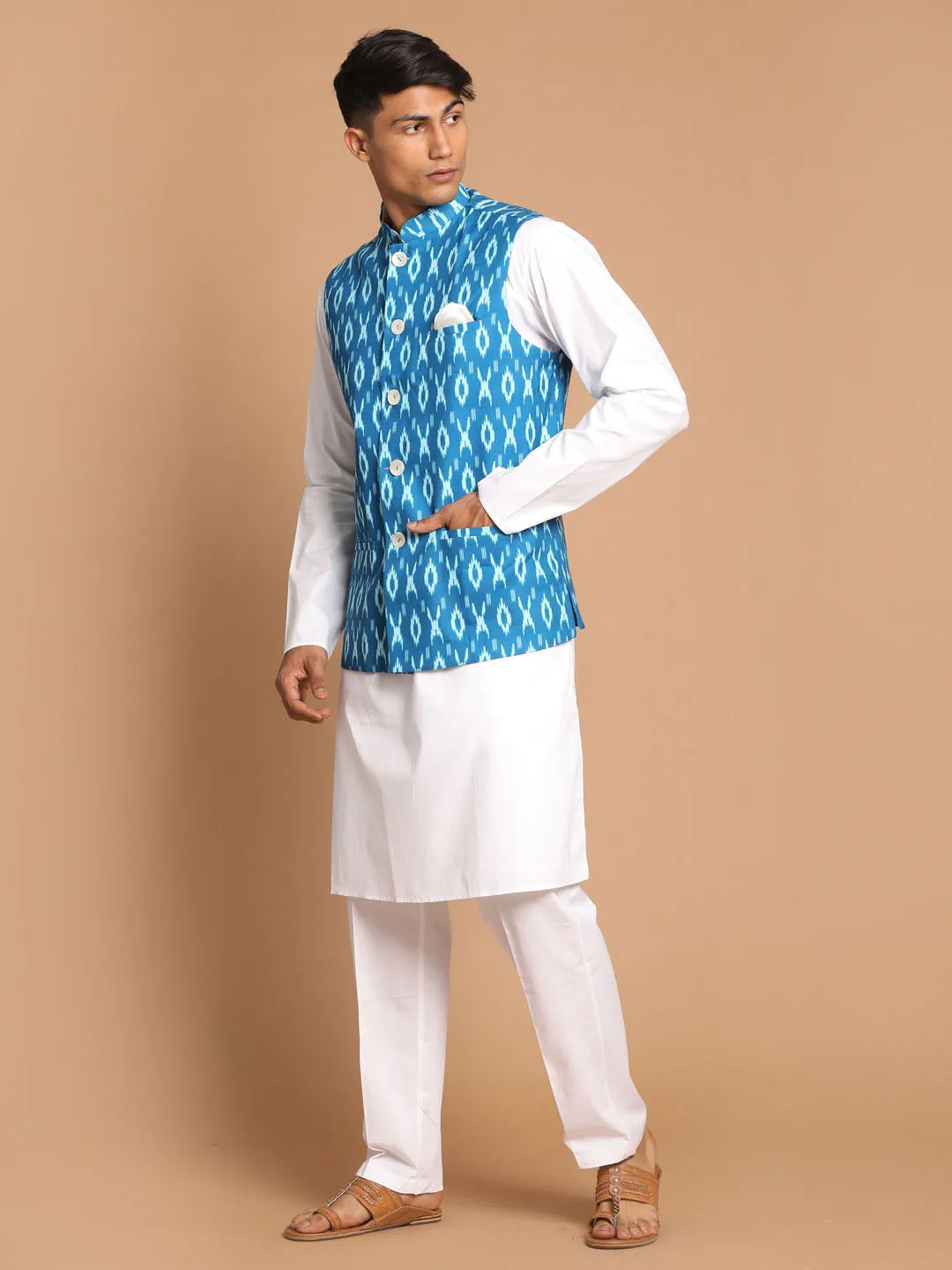 VASTRAMAY Men's Turquoise Cotton Nehru Jacket With White Kurta And Pant Set