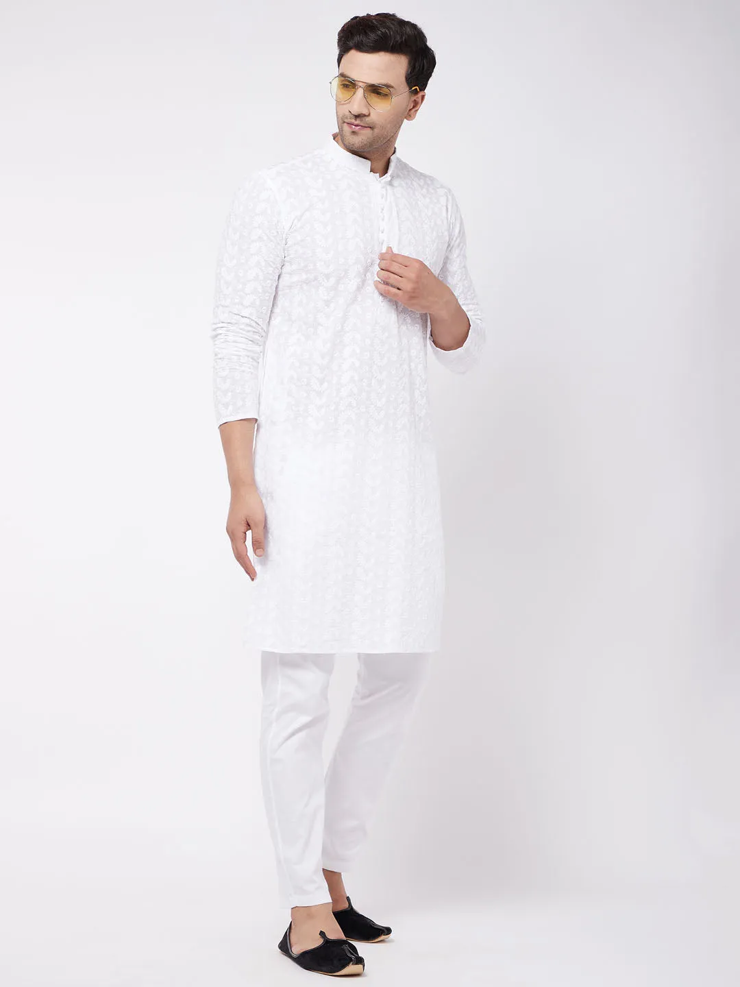 VASTRAMAY Men's White Pure Cotton Chikankari Kurta With Pant Set