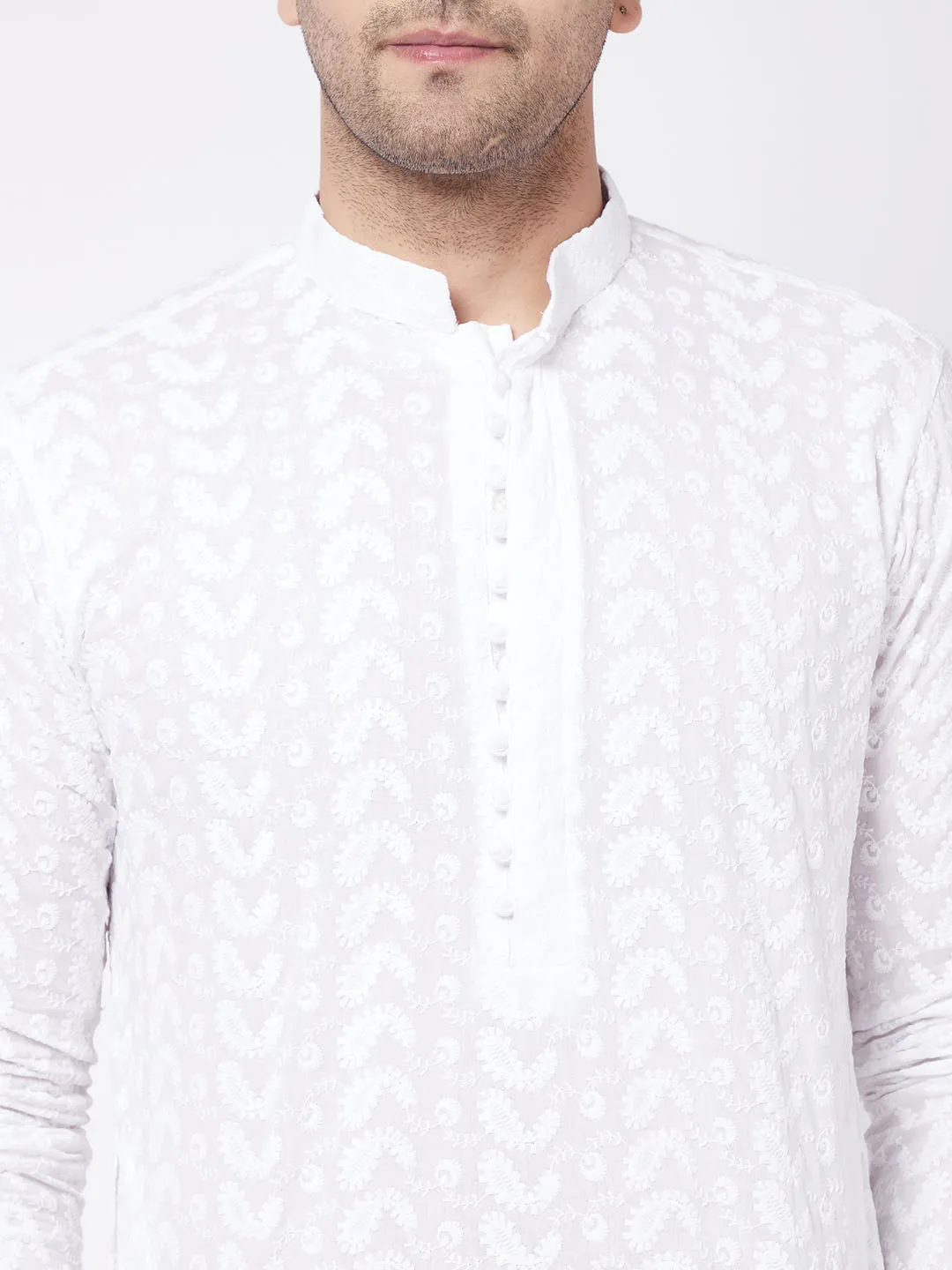 VASTRAMAY Men's White Pure Cotton Chikankari Kurta With Pant Set