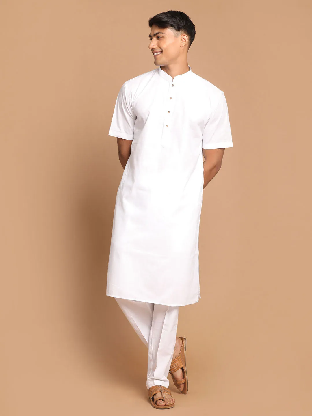 VASTRAMAY Men's White Solid Kurta Pant style Cotton Pyjama Set