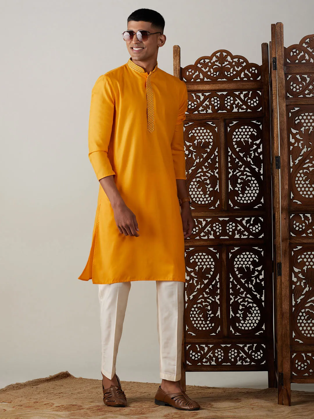 VASTRAMAY Men's Yellow And Cream Solid Kurta With Pant Style Cotton Pyjama Set