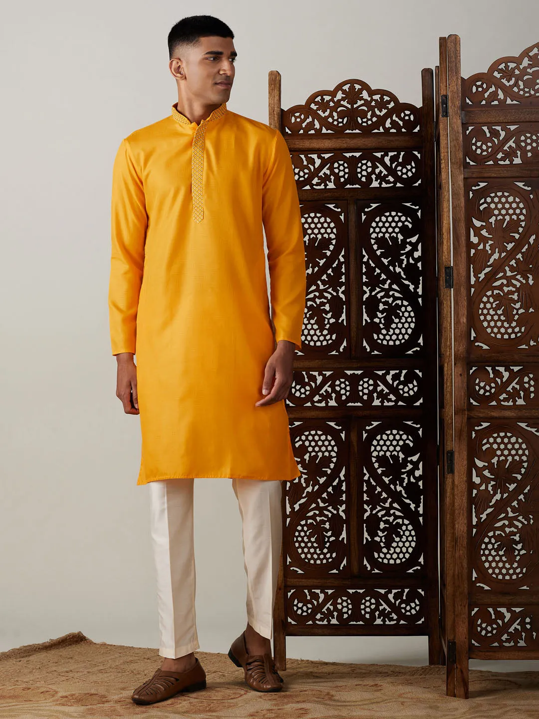 VASTRAMAY Men's Yellow And Cream Solid Kurta With Pant Style Cotton Pyjama Set