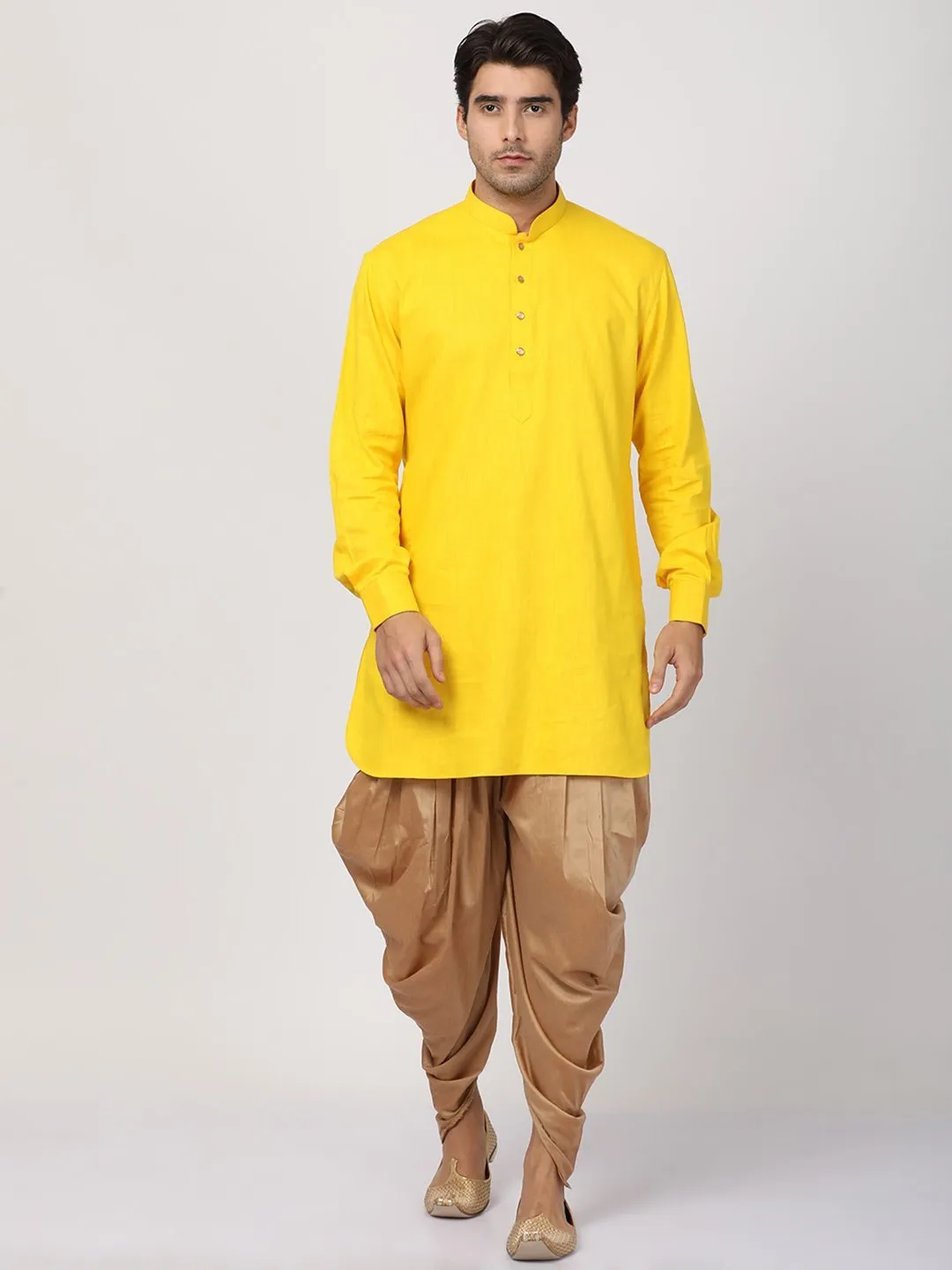 VASTRAMAY Men's Yellow Cotton Blend Kurta and Dhoti Pant Set