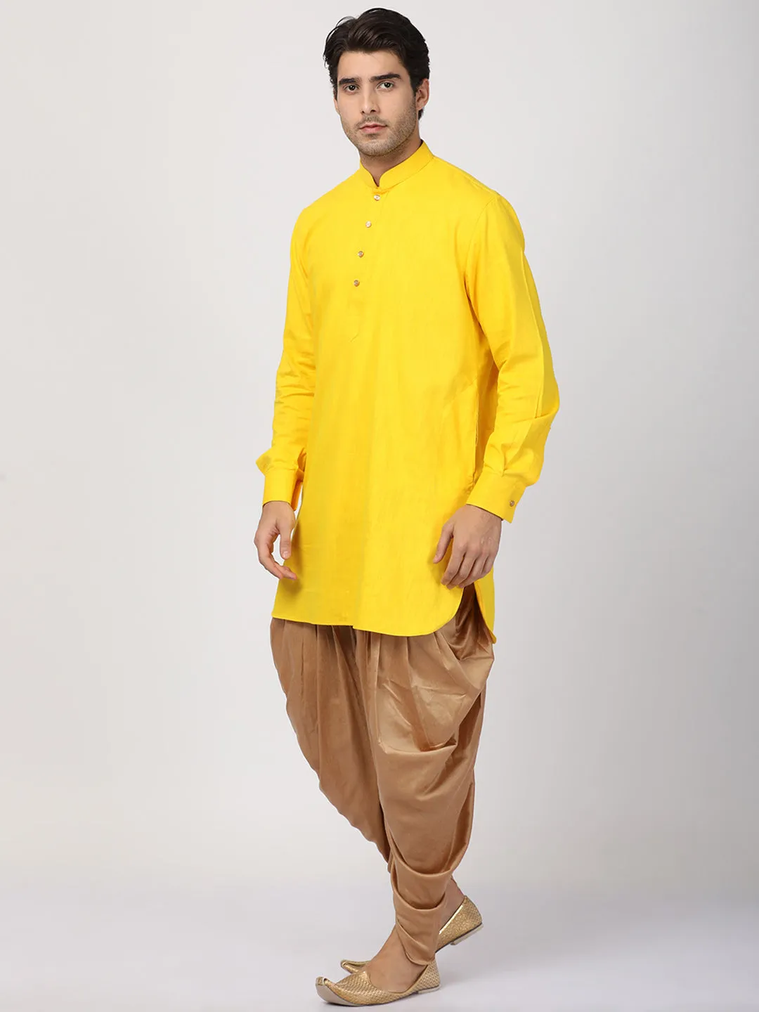 VASTRAMAY Men's Yellow Cotton Blend Kurta and Dhoti Pant Set