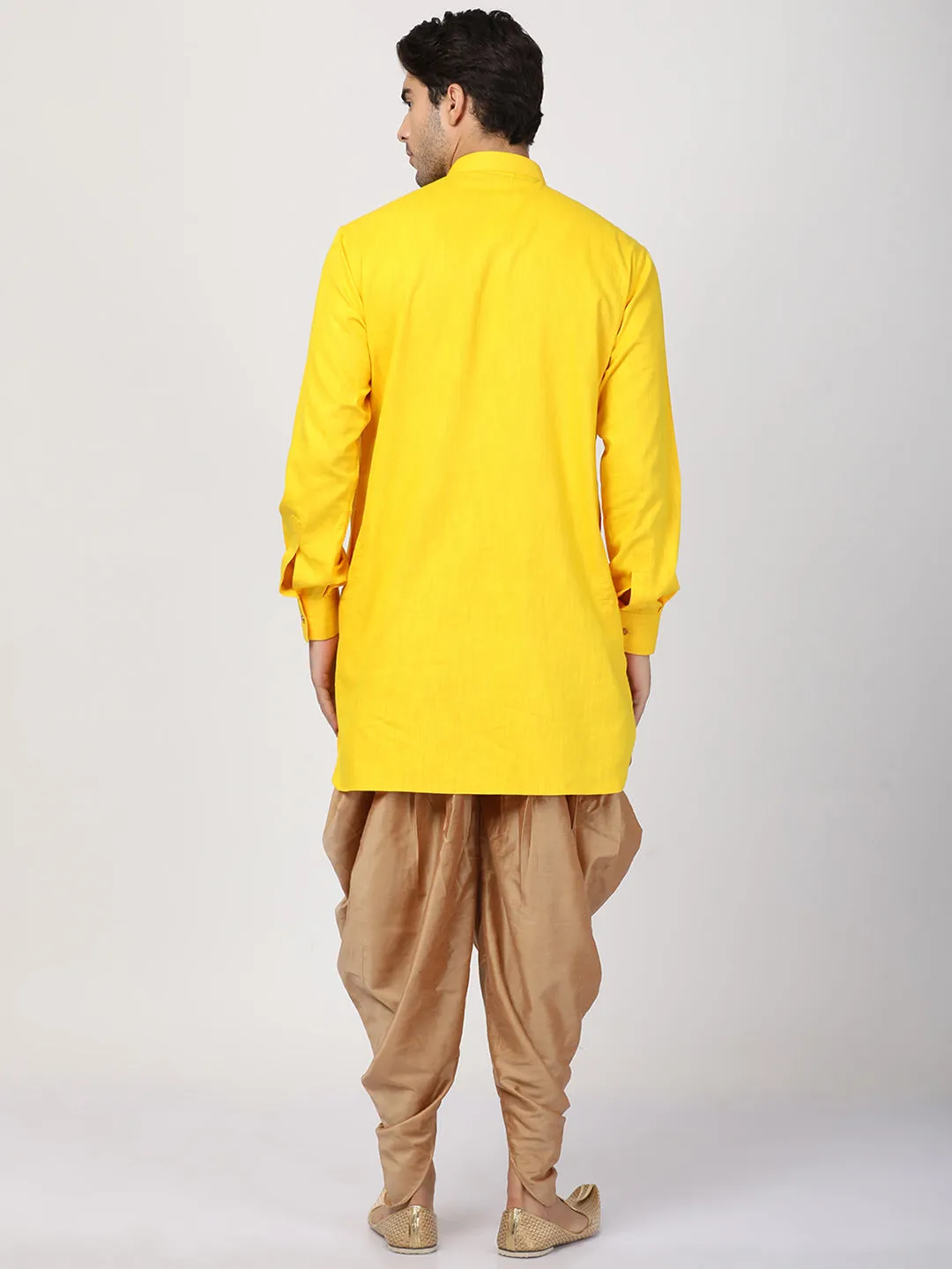 VASTRAMAY Men's Yellow Cotton Blend Kurta and Dhoti Pant Set