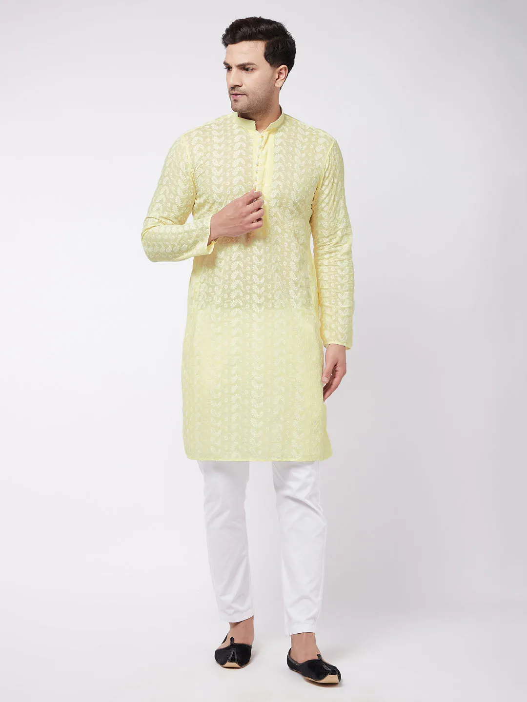 VASTRAMAY Men's Yellow Pure Cotton Chikankari Kurta With Pant set