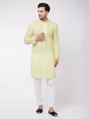 VASTRAMAY Men's Yellow Pure Cotton Chikankari Kurta With Pant set