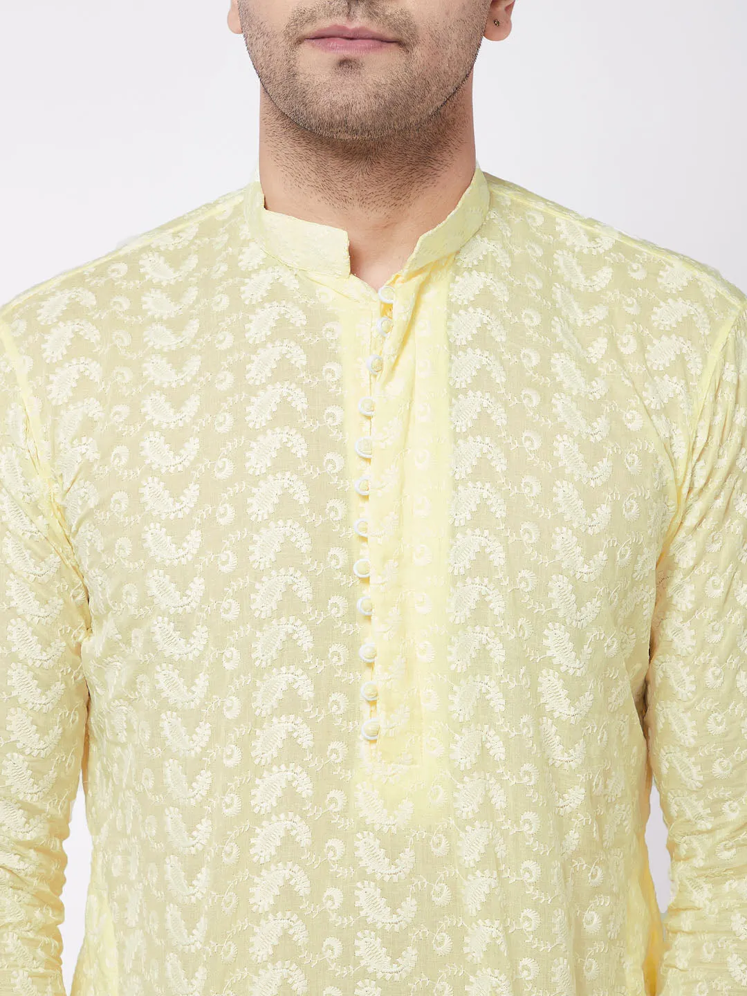 VASTRAMAY Men's Yellow Pure Cotton Chikankari Kurta With Pant set