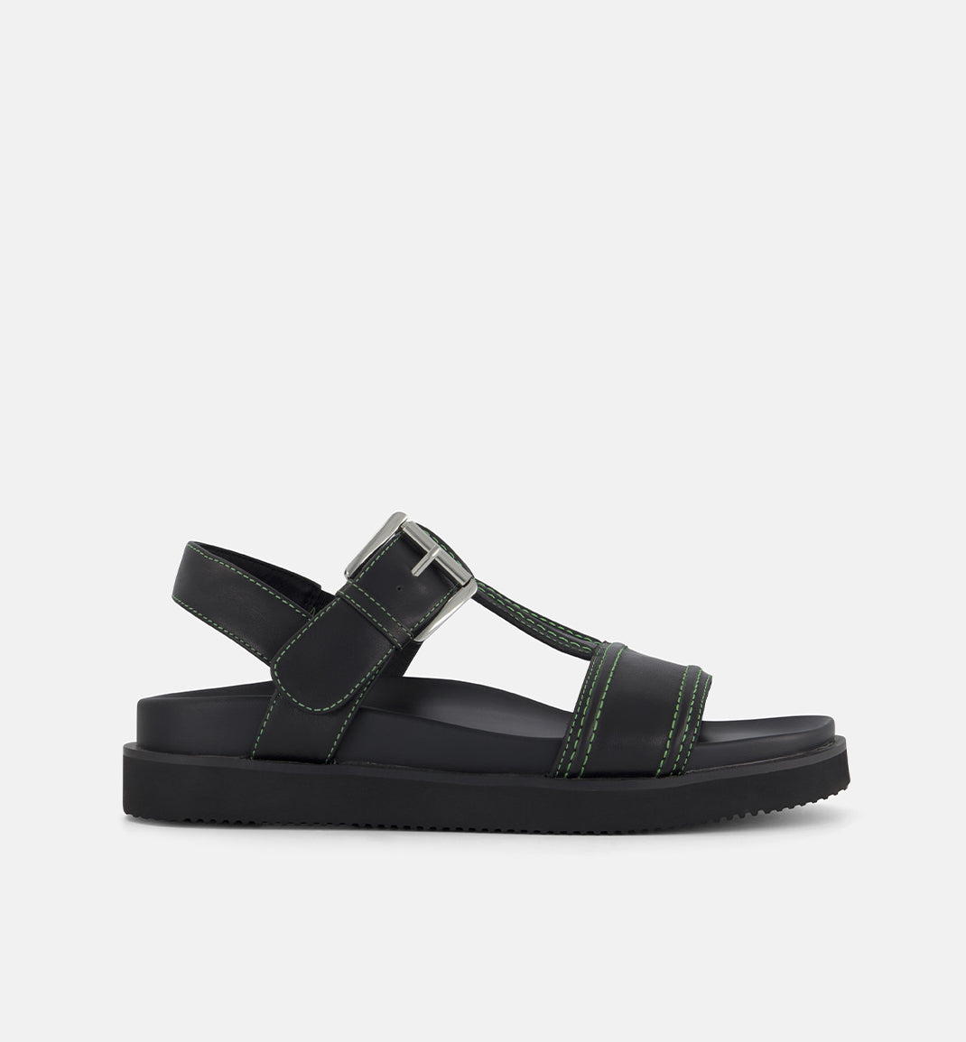 Visby T-Bar Sandal | Black leather with Green Topstitch