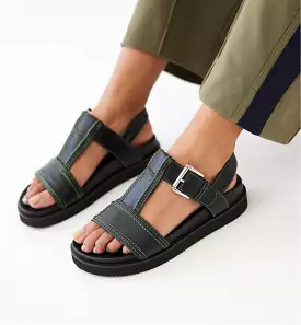 Visby T-Bar Sandal | Black leather with Green Topstitch