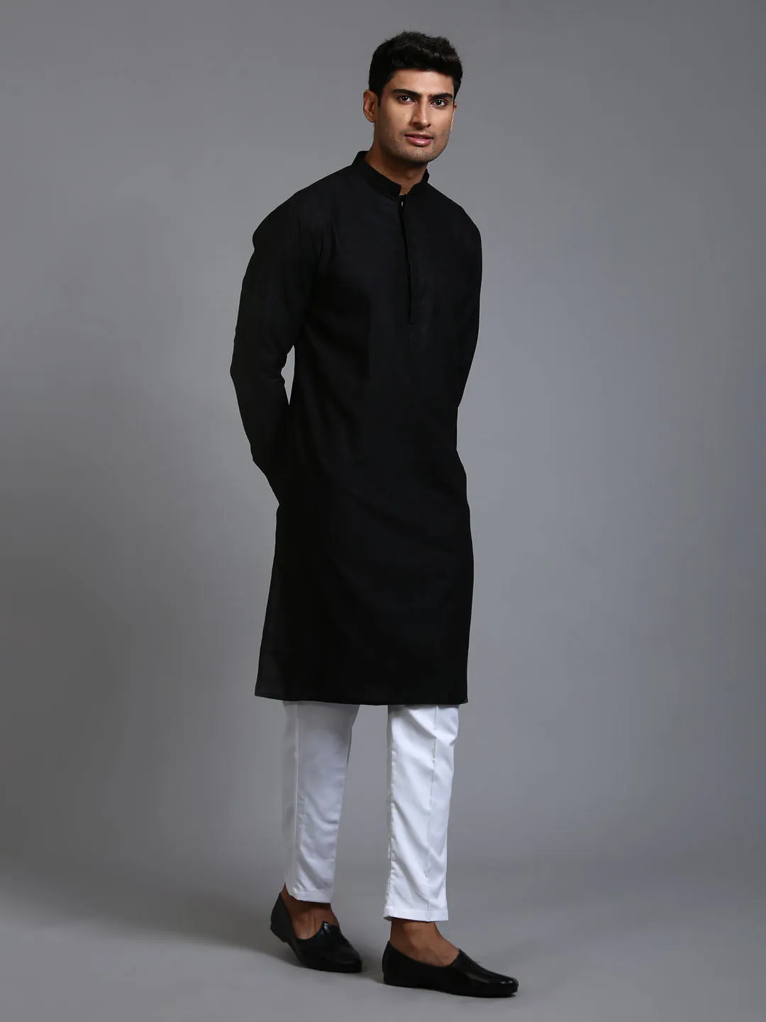 VM BY VASTRAMAY Men's Black Cotton Blend Kurta and White Pant Set