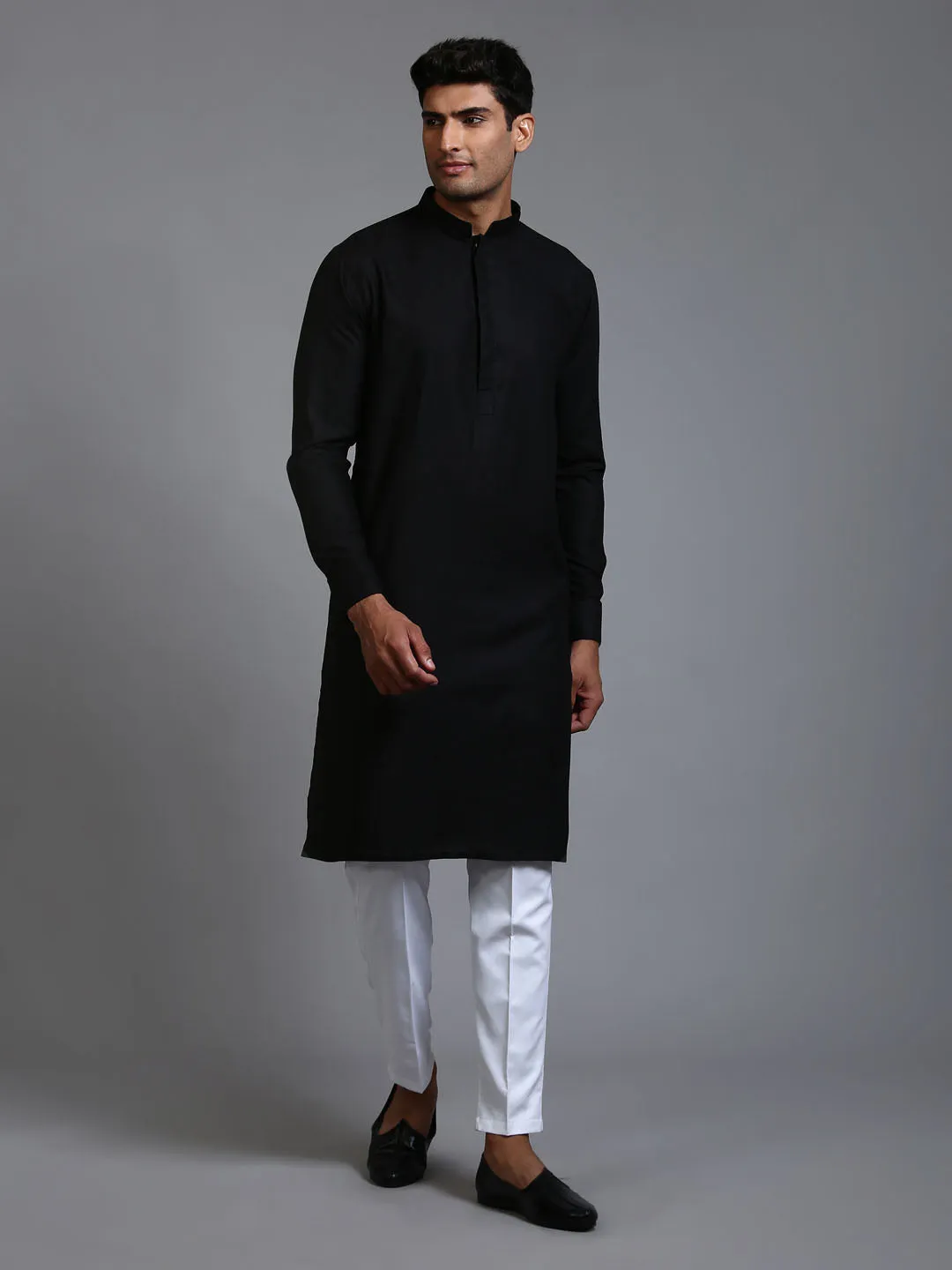 VM BY VASTRAMAY Men's Black Cotton Blend Kurta and White Pant Set