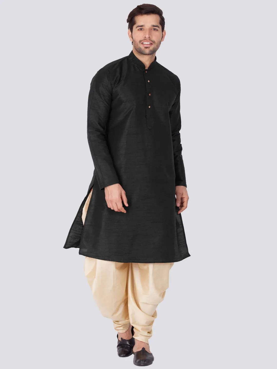 VM BY VASTRAMAY Men's Black Cotton Silk Blend Kurta and Dhoti Pant Set