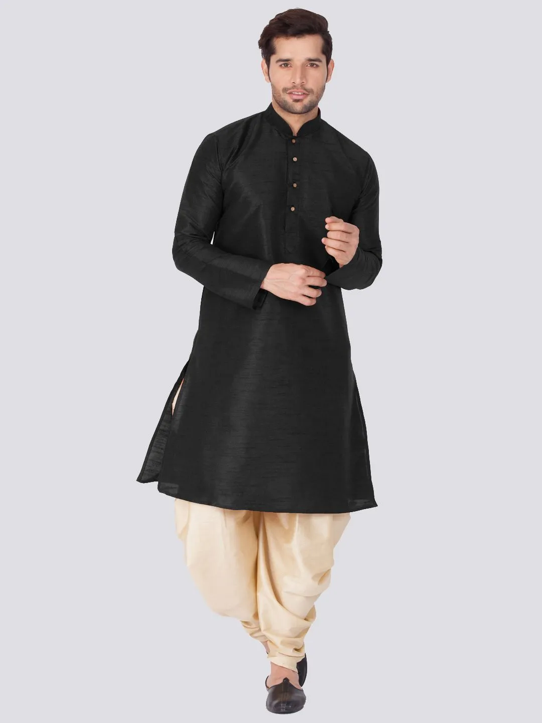 VM BY VASTRAMAY Men's Black Cotton Silk Blend Kurta and Dhoti Pant Set