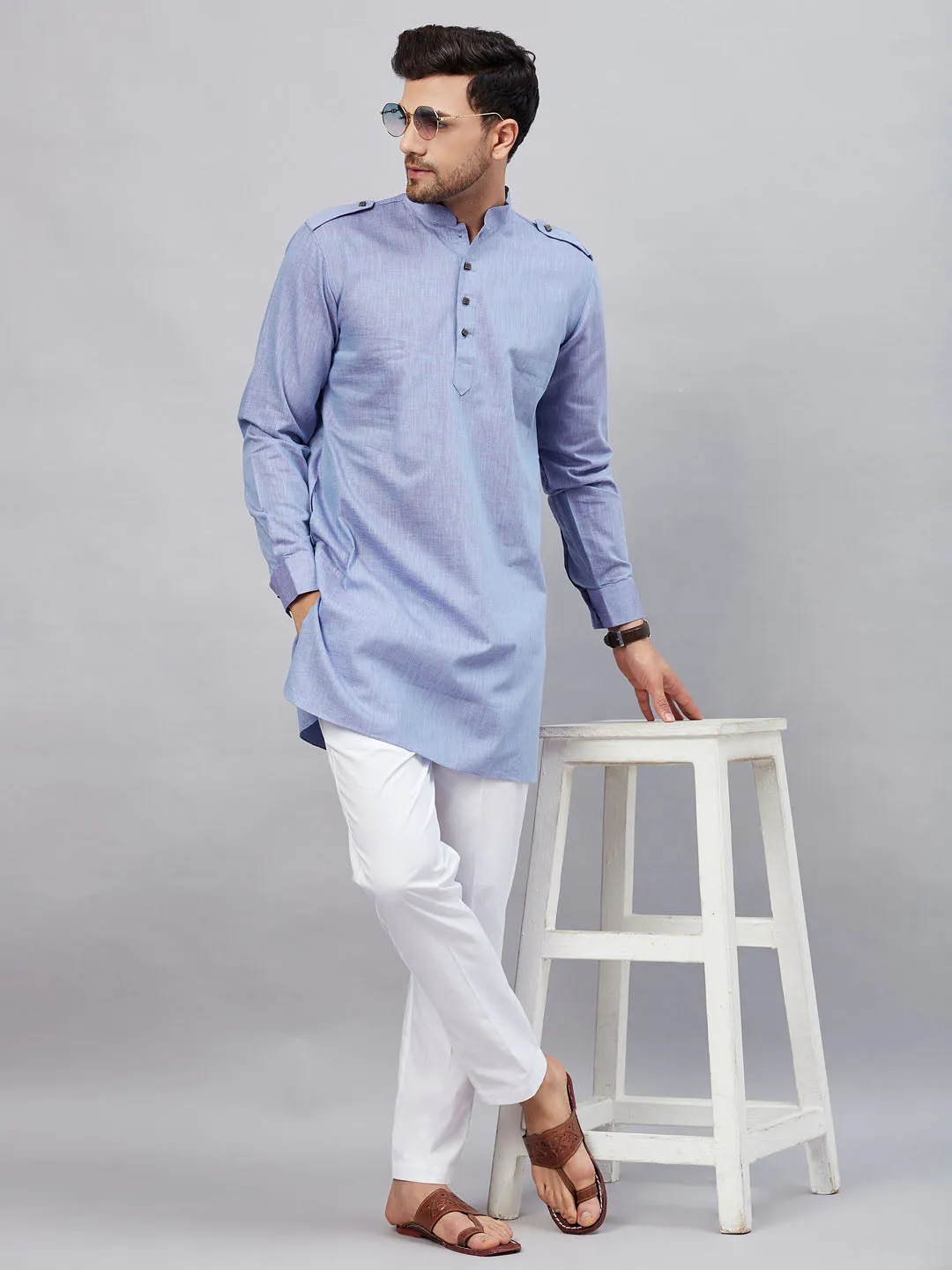 VM By VASTRAMAY Men's Blue Cotton Blend Kurta and White Pant Set