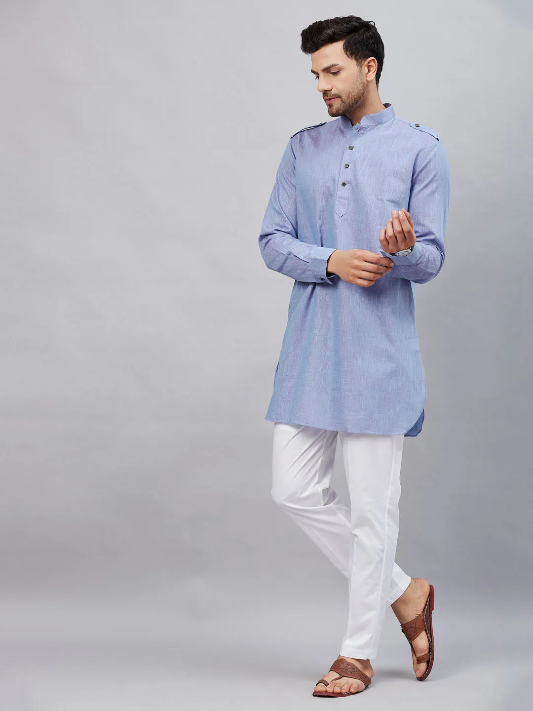 VM By VASTRAMAY Men's Blue Cotton Blend Kurta and White Pant Set