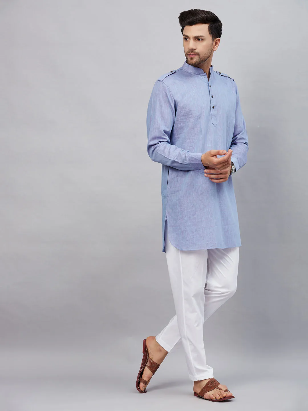 VM By VASTRAMAY Men's Blue Cotton Blend Kurta and White Pant Set