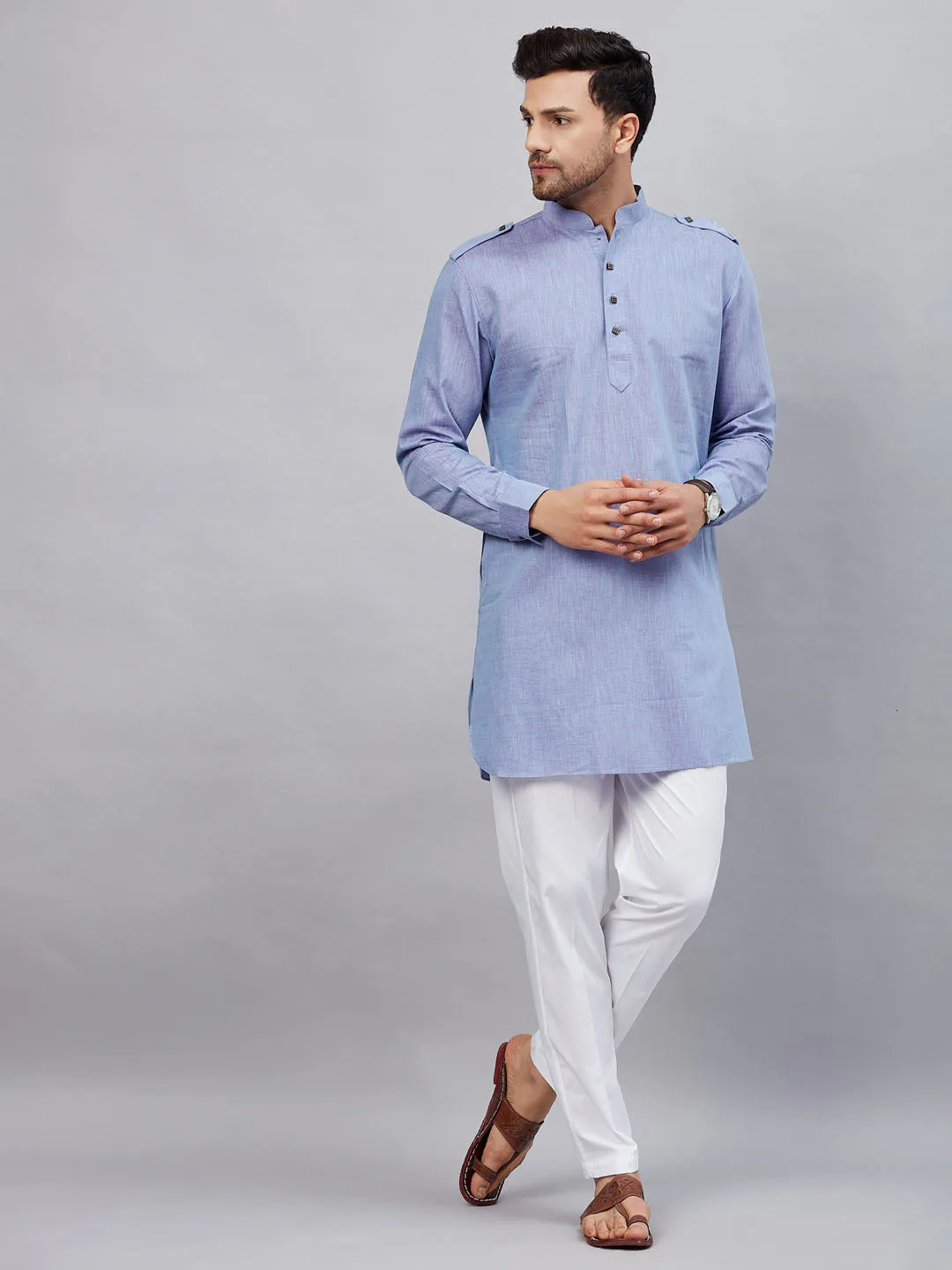 VM By VASTRAMAY Men's Blue Cotton Blend Kurta and White Pant Set