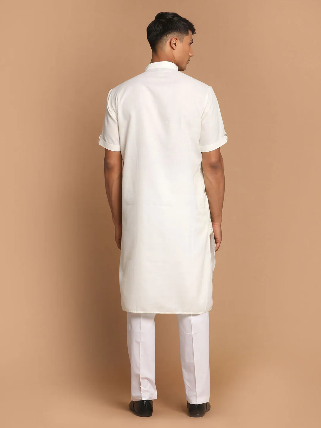 VM By VASTRAMAY Men's Cream Solid Kurta with White Pant style Cotton Pyjama Set