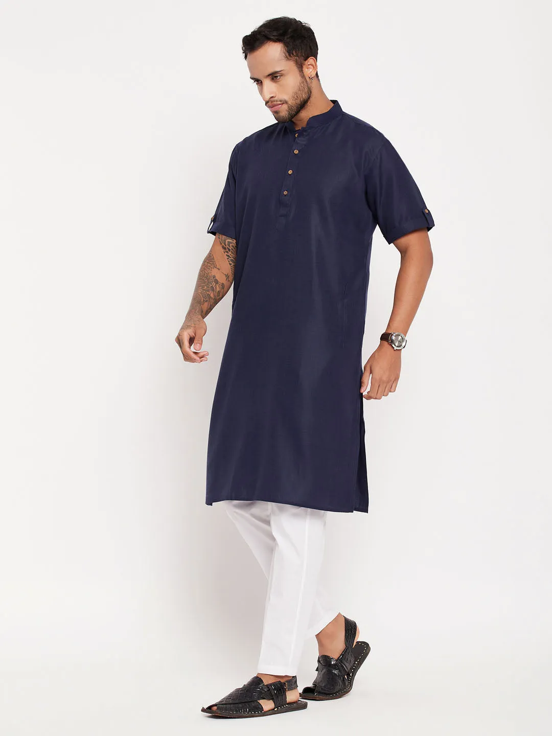 VM By VASTRAMAY Men's Navy Blue Solid Kurta with White Pant style Cotton Pyjama Set