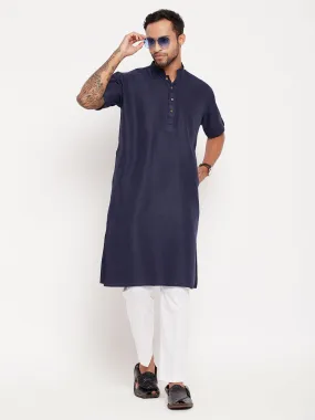 VM By VASTRAMAY Men's Navy Blue Solid Kurta with White Pant style Cotton Pyjama Set