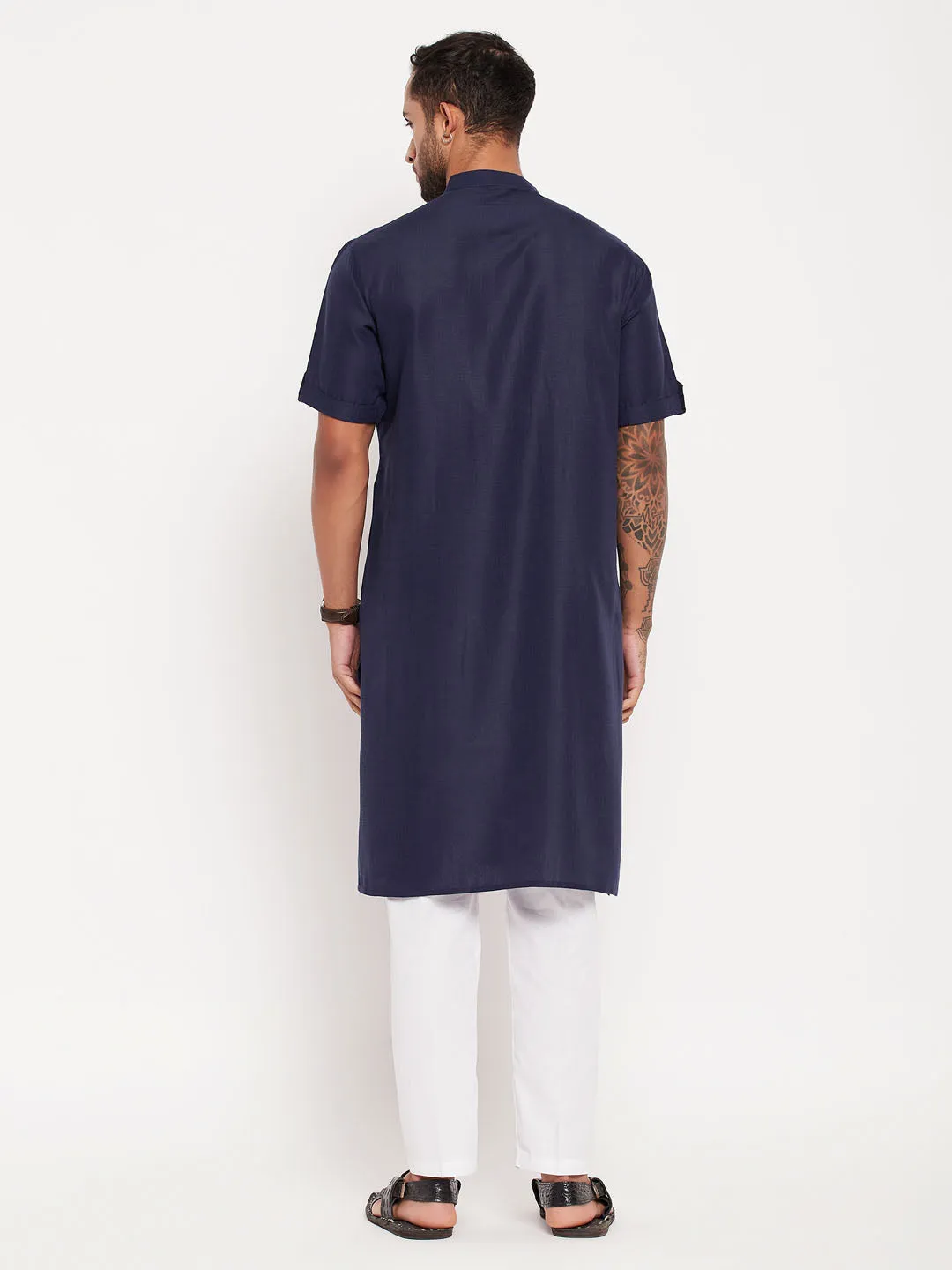 VM By VASTRAMAY Men's Navy Blue Solid Kurta with White Pant style Cotton Pyjama Set