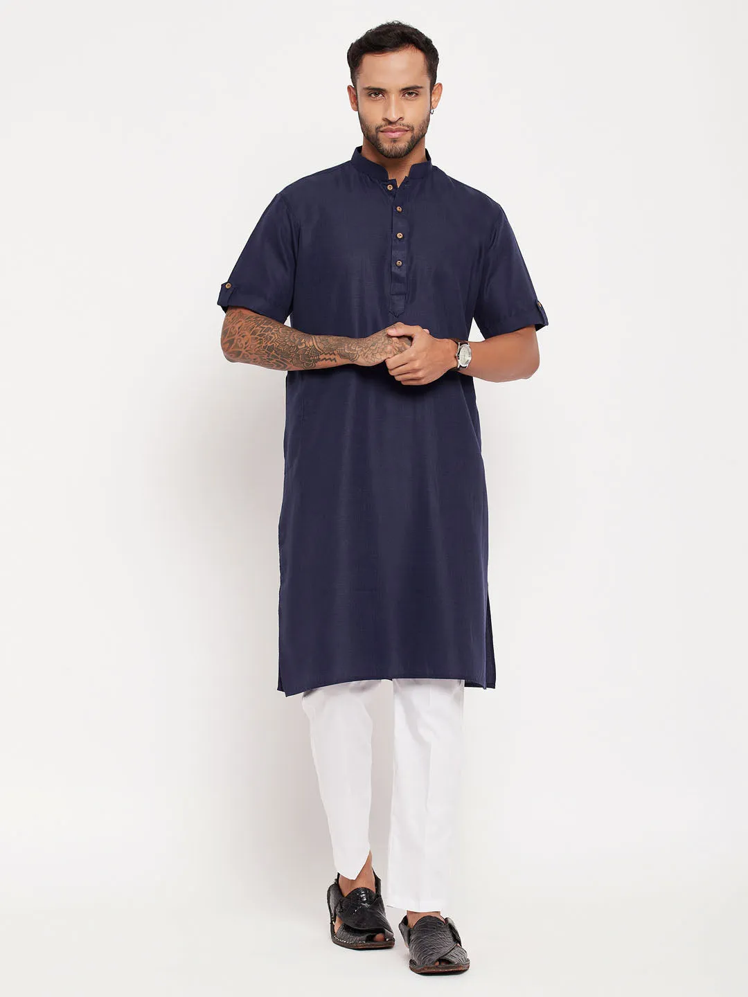 VM By VASTRAMAY Men's Navy Blue Solid Kurta with White Pant style Cotton Pyjama Set