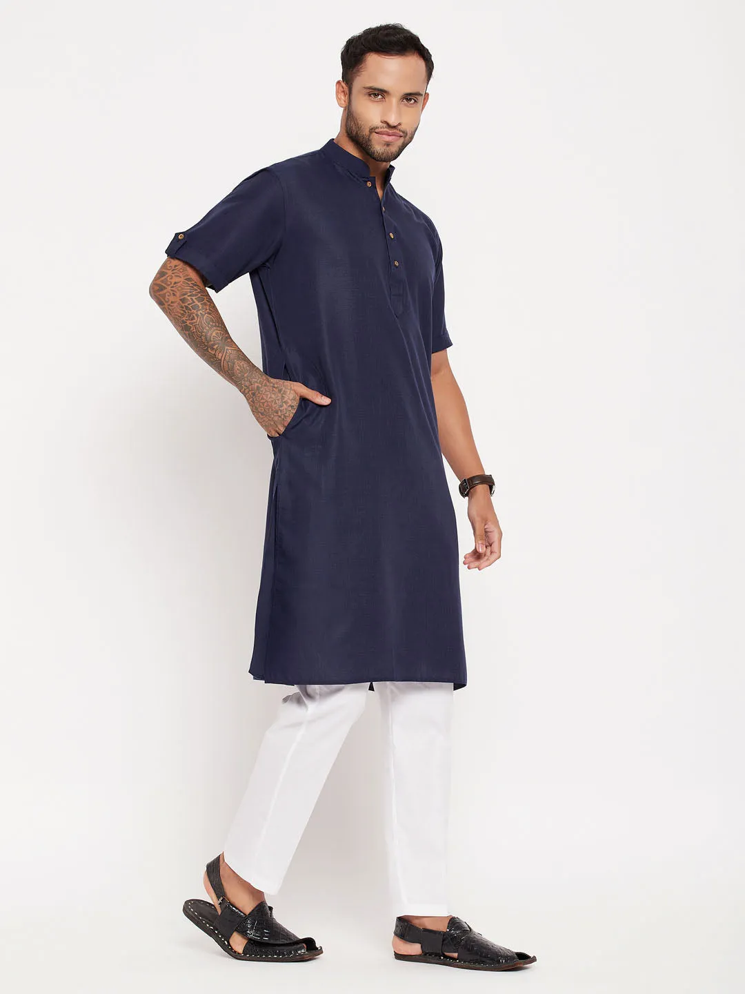 VM By VASTRAMAY Men's Navy Blue Solid Kurta with White Pant style Cotton Pyjama Set