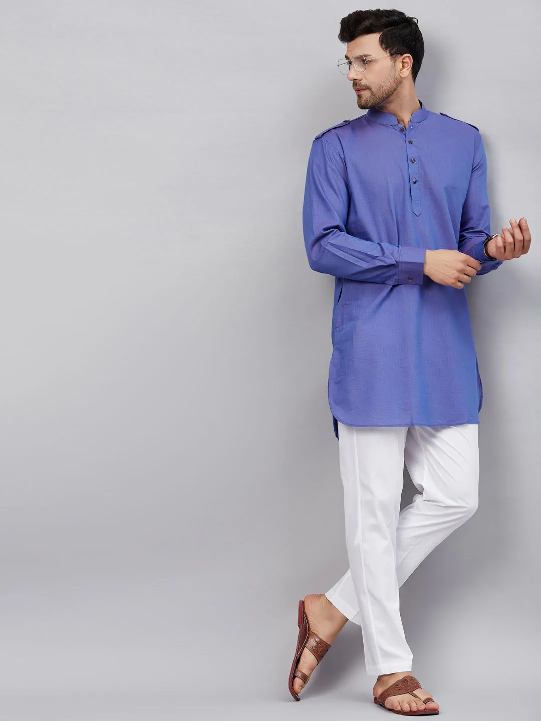 VM By VASTRAMAY Men's Purple Cotton Blend Kurta and White Pant Set