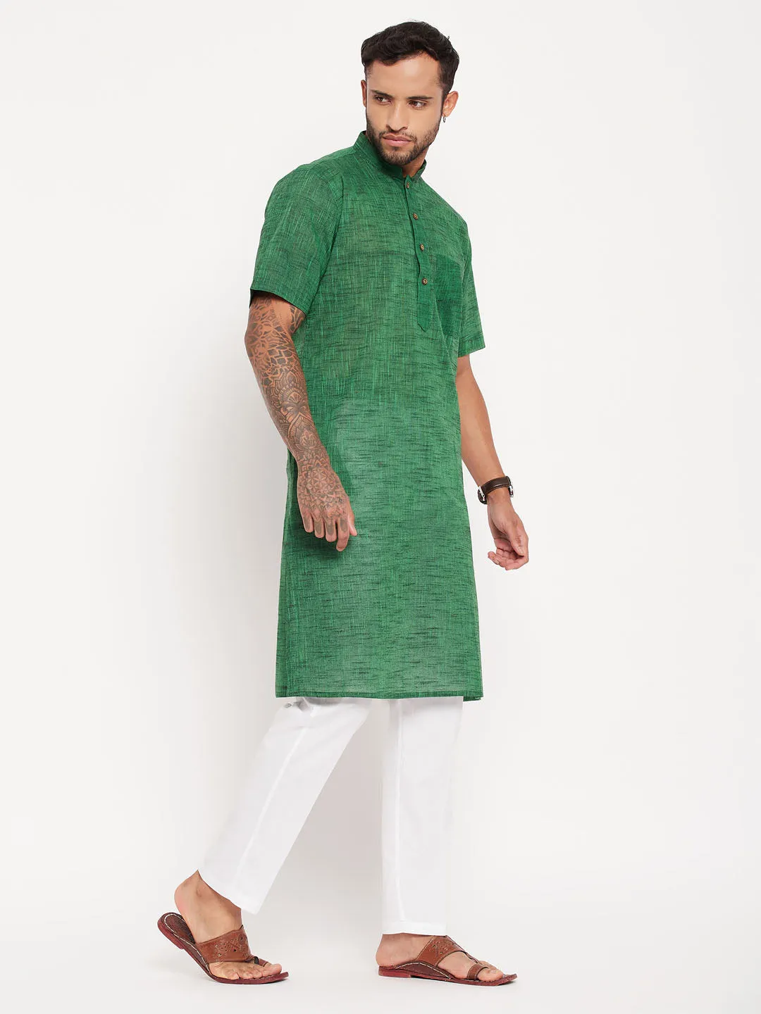 VM By VASTRAMAY Men's Solid Green Pure Cotton Kurta With White Pant Style Pyjama Set