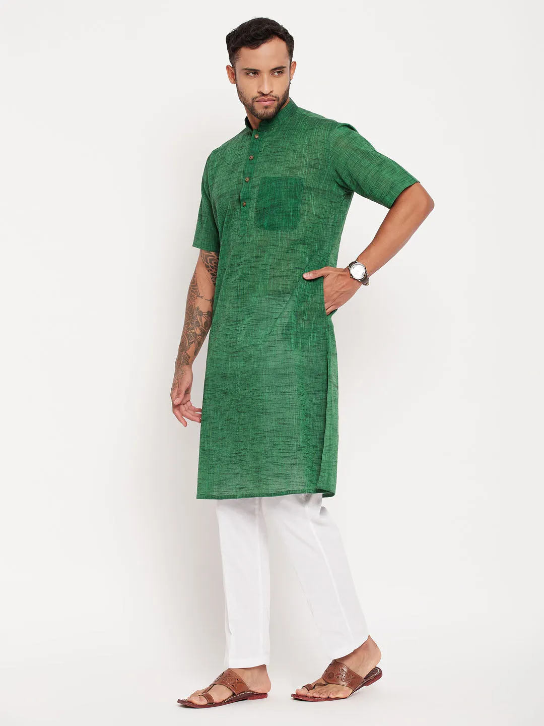 VM By VASTRAMAY Men's Solid Green Pure Cotton Kurta With White Pant Style Pyjama Set