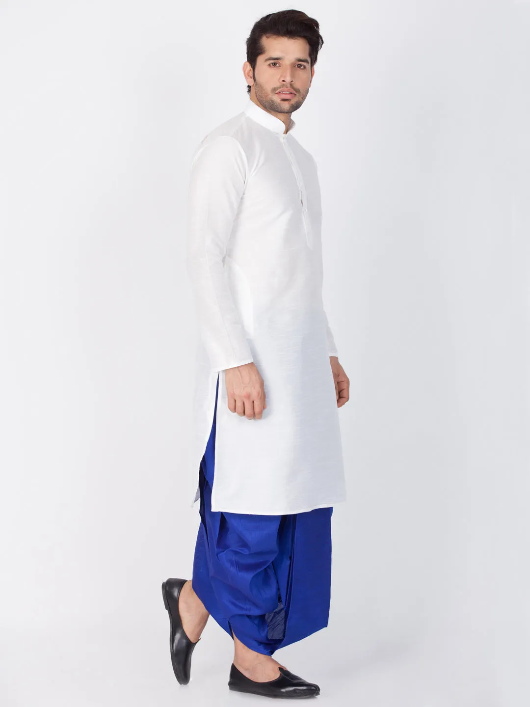 VM BY VASTRAMAY Men's White Cotton Silk Blend Kurta and Dhoti Pant Set