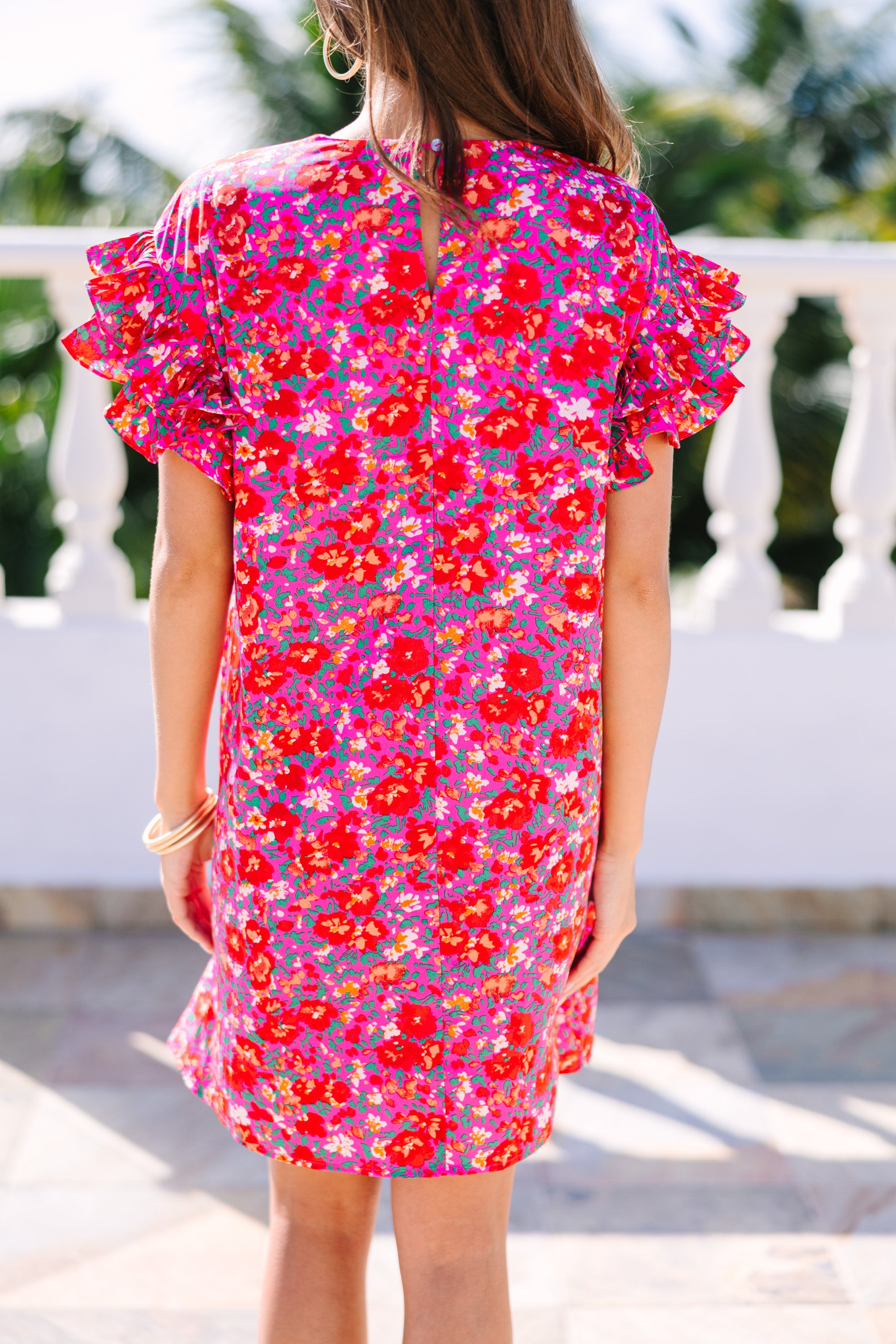 What A Vision Fuchsia Pink Floral Ruffled Dress