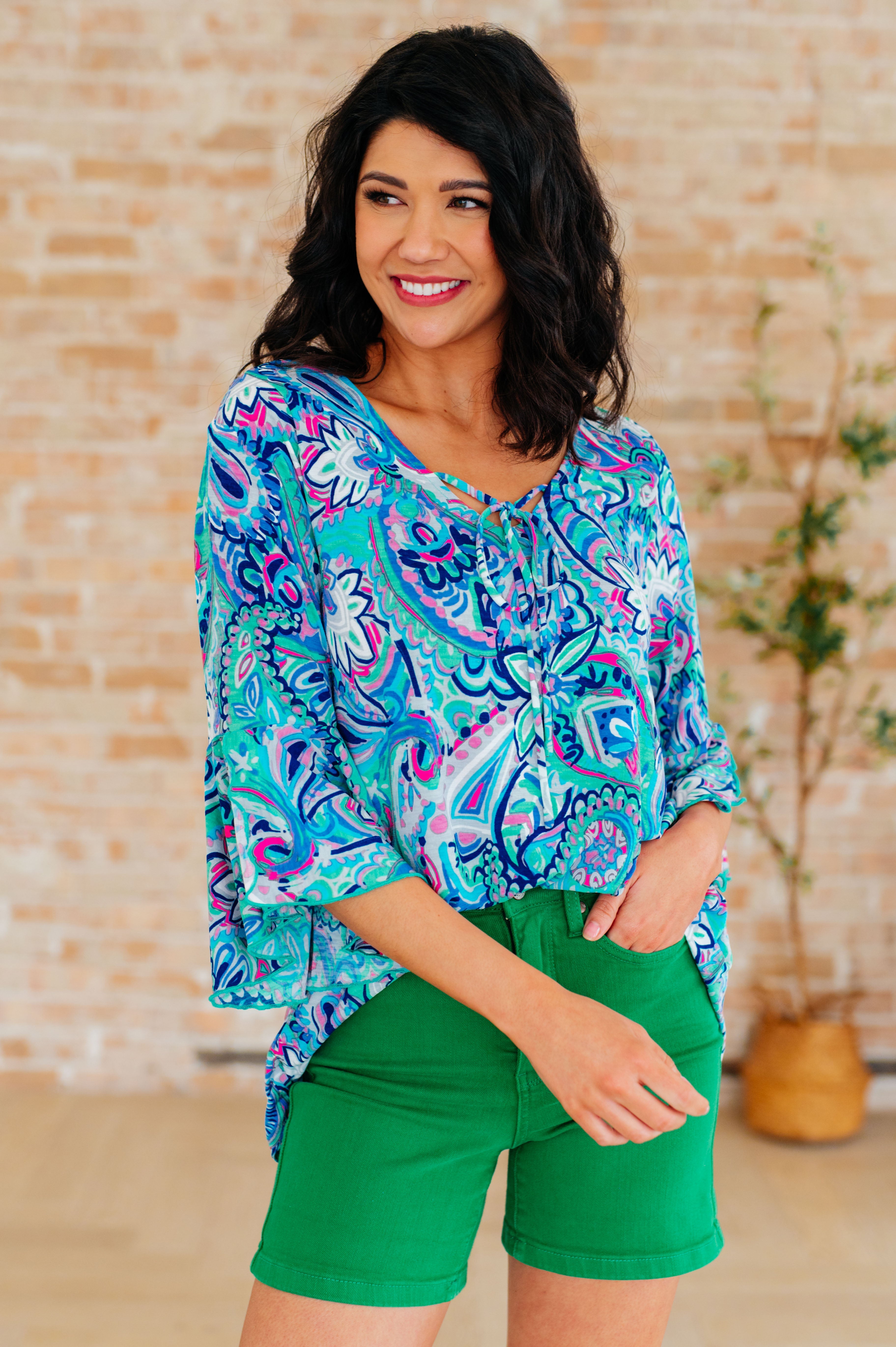 Willow Bell Sleeve Top in Emerald and Royal Paisley