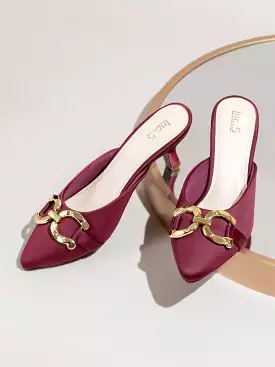 Women Maroon & Gold-Toned Buckle Embellished Kitten Heel Mules