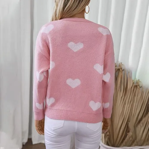 Women's Cardigan Sweater Long Sleeve Sweaters & Cardigans Jacquard Button Casual Elegant Heart Shape