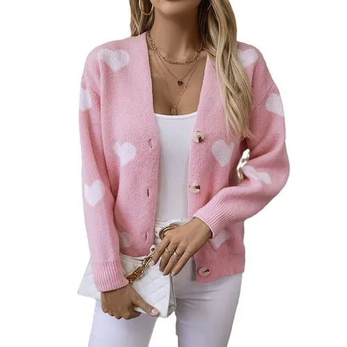 Women's Cardigan Sweater Long Sleeve Sweaters & Cardigans Jacquard Button Casual Elegant Heart Shape