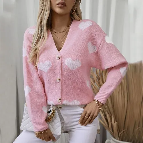 Women's Cardigan Sweater Long Sleeve Sweaters & Cardigans Jacquard Button Casual Elegant Heart Shape