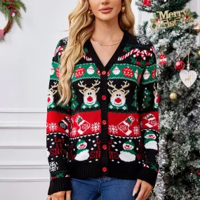 Women's Cardigan Sweater Long Sleeve Sweaters & Cardigans Jacquard Contrast Binding Casual Christmas Tree Color Block