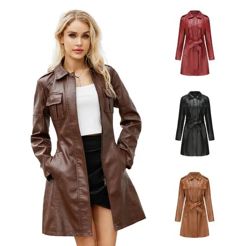 Women's Casual Solid Color Pocket Zipper Leather Jacket