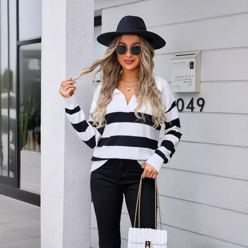 Women's Polo Shirt Knitwear Long Sleeve Sweaters & Cardigans Contrast Binding Casual Streetwear Stripe