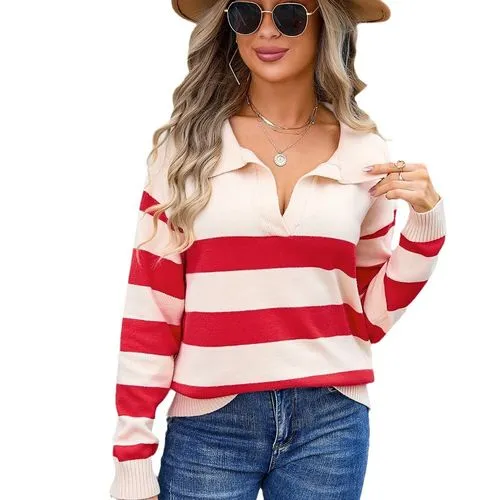 Women's Polo Shirt Knitwear Long Sleeve Sweaters & Cardigans Contrast Binding Casual Streetwear Stripe