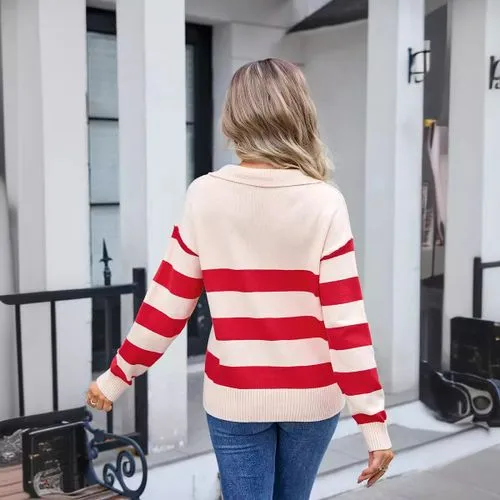 Women's Polo Shirt Knitwear Long Sleeve Sweaters & Cardigans Contrast Binding Casual Streetwear Stripe