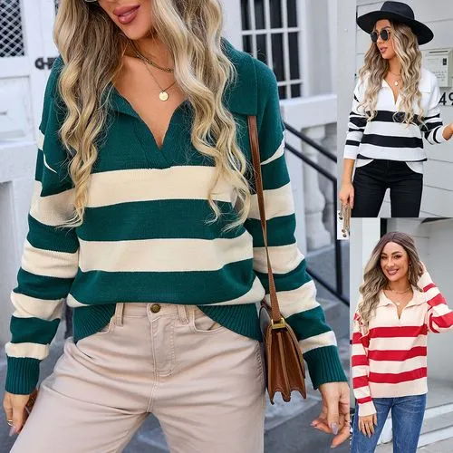 Women's Polo Shirt Knitwear Long Sleeve Sweaters & Cardigans Contrast Binding Casual Streetwear Stripe